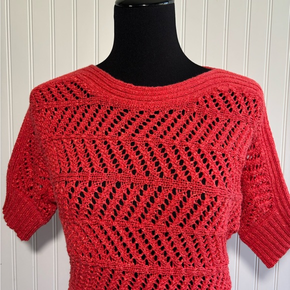 Chicos 0 Short Sleeve Open Knit Sweater Pullover Boho Beachy Orange Size Small - Picture 2 of 15